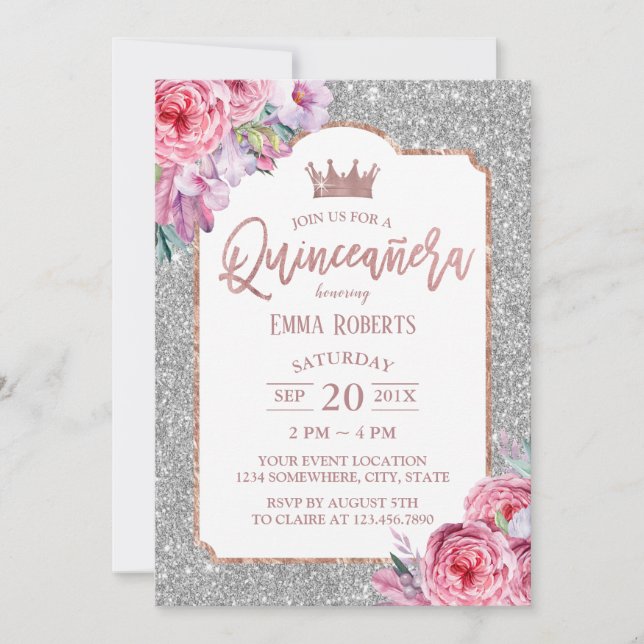 Invitation Quinceanera Moderne Floral Parties scintillant Arg (Devant)