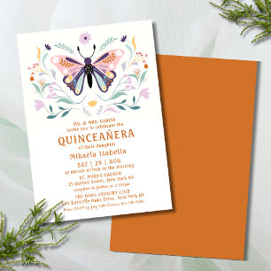 Invitation Quinceañera Moderne rose violet papillon floral