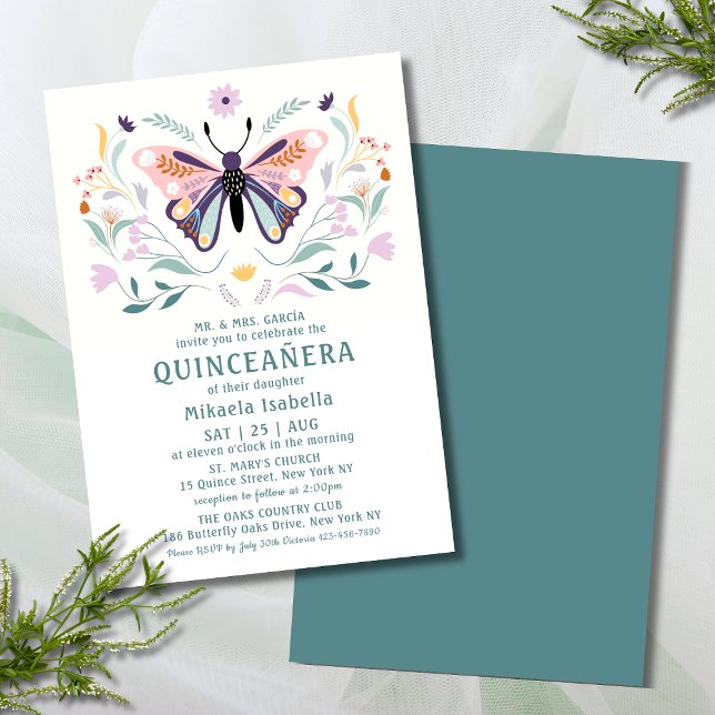 Invitation Quinceañera Moderne rose violet papillon floral (Créateur téléchargé)