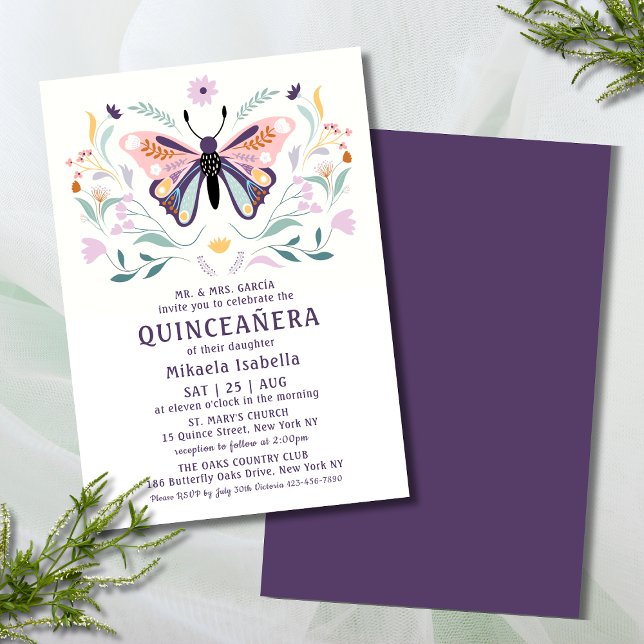 Invitation Quinceañera Moderne rose violet papillon floral (Créateur téléchargé)