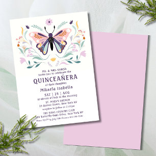Invitation Quinceañera Moderne rose violet papillon floral
