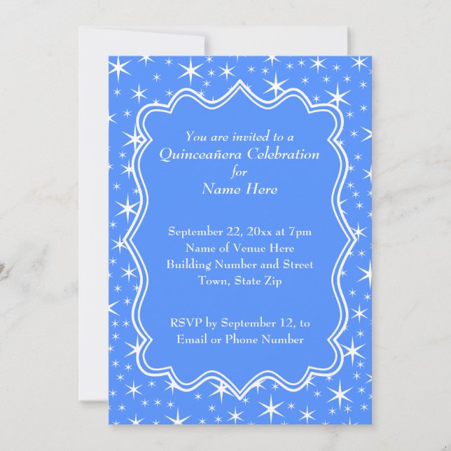 Invitation Quinceanera, Motif des étoiles bleues et blanches (Devant)