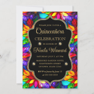 Invitation Quinceanera multicolore et verre teinté or