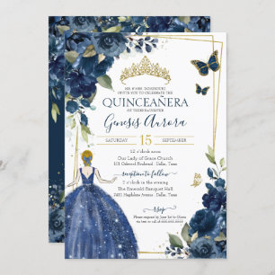Invitation Quinceañera Navy Blue Floral Papillons et robe