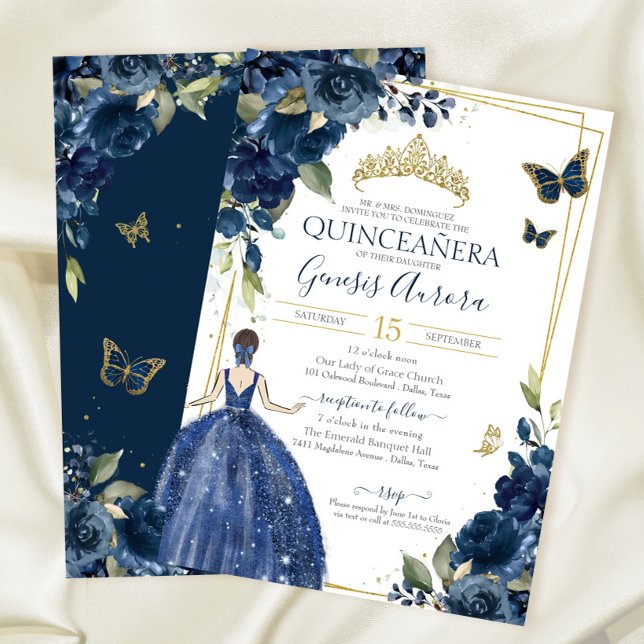 Invitation Quinceañera Navy Blue Floral Papillons et robe (Créateur téléchargé)