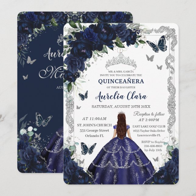 Invitation Quinceanera Navy Blue Floral Silver Princess  (Devant / Derrière)