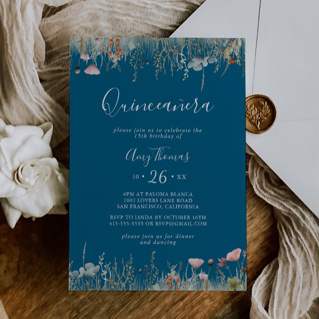 Invitation Quinceañera Navy Colorée Bohème Fleurie Heureuse (Créateur téléchargé)