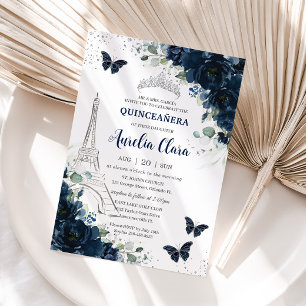 Invitation Quinceañera Navy Floral Paris Butterflies Eiffel