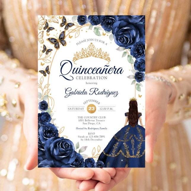 Invitation Quinceanera Navy Or Floral (Créateur téléchargé)