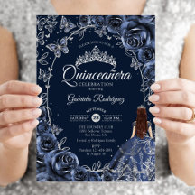 Quinceanera Navy Papillons Argent Roses