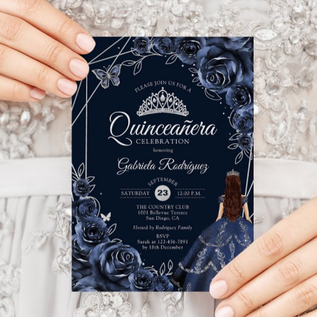 Invitation Quinceanera Navy Silver Butterfly Dress Floral (Créateur téléchargé)