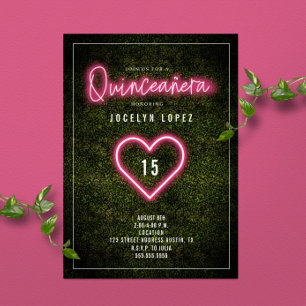 Invitation Quinceañera Neon rose éclaire Boxwood Heart