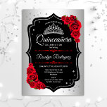 Invitation Quinceanera - Noir Argent Rouge<br><div class="desc">Invitation à la célébration de la Quinceanera en noir argenté. Caractéristiques police de script,  roses rouges,  tiara et confetti. Design élégant avec fausse parties scintillant argent. Parfait pour une élégante célébration de glamour.</div>