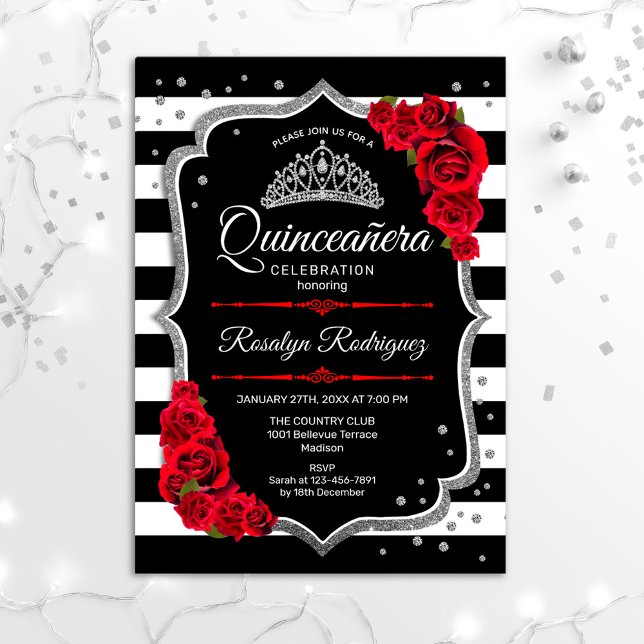 Invitation Quinceanera - Noir Argent Rouge (Créateur téléchargé)