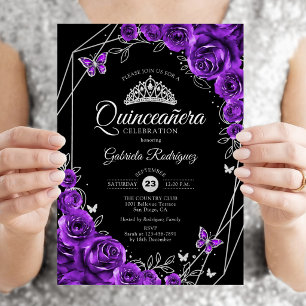 Invitation Quinceanera Noir Argent Violet Floral