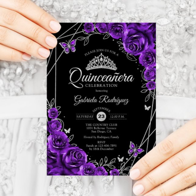 Invitation Quinceanera Noir Argent Violet Floral (Créateur téléchargé)