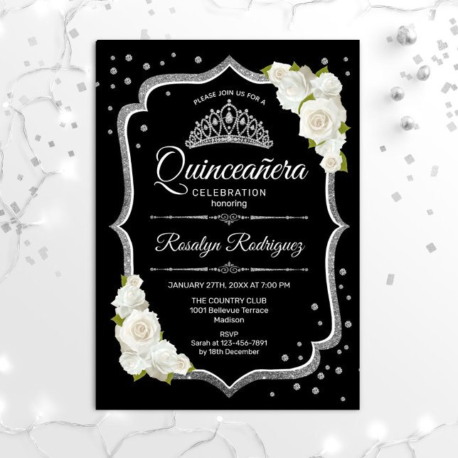 Invitation Quinceanera - Noir blanc argenté (Créateur téléchargé)