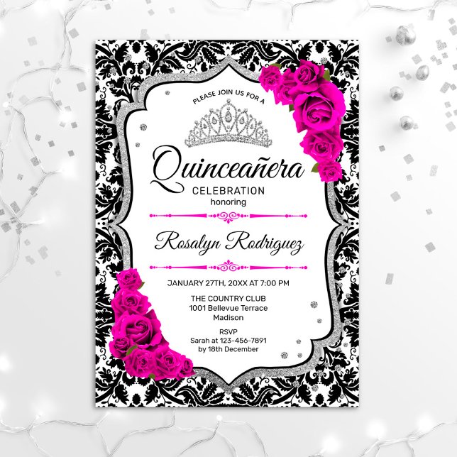 Invitation Quinceanera - Noir blanc Damas rose argent (Créateur téléchargé)