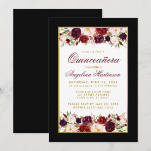 Invitation Quinceanera Noir Blanc Or Bourgogne Floral