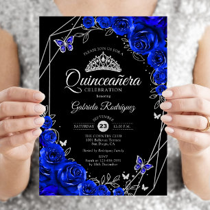 Invitation Quinceanera Noir Bleu Royal Argent Floral