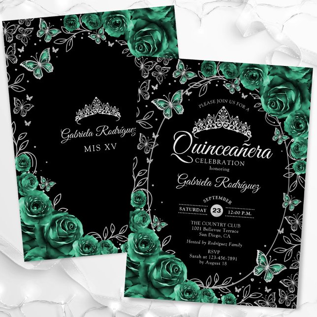 Invitation Quinceanera Noir Émeraude Vert Argent (Créateur téléchargé)
