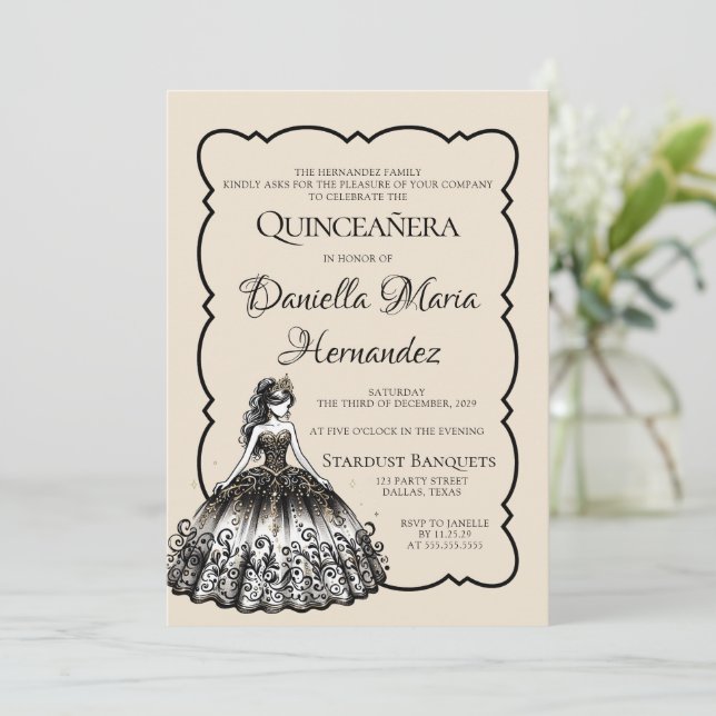 Invitation Quinceañera noir et or (Debout devant)