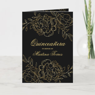 Invitation Quinceanera Noir et Or Fleurs Fines