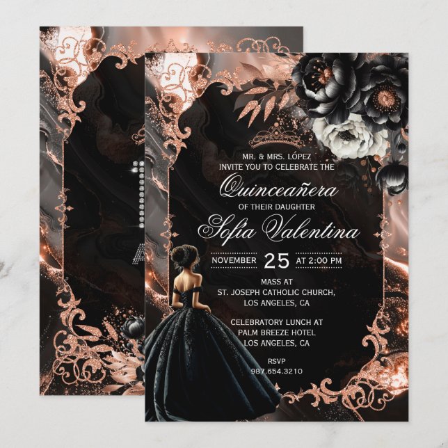 Invitation Quinceañera Noir et Or Rose (Devant / Derrière)