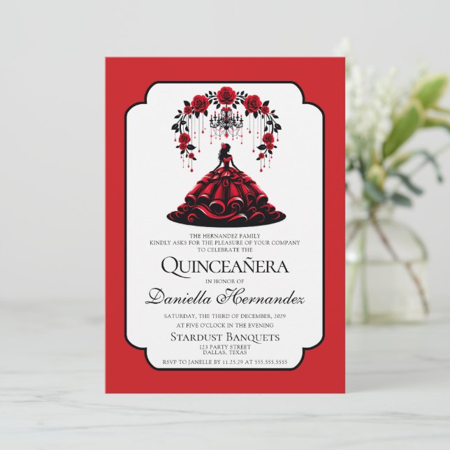 Invitation Quinceañera noir et rouge (Debout devant)