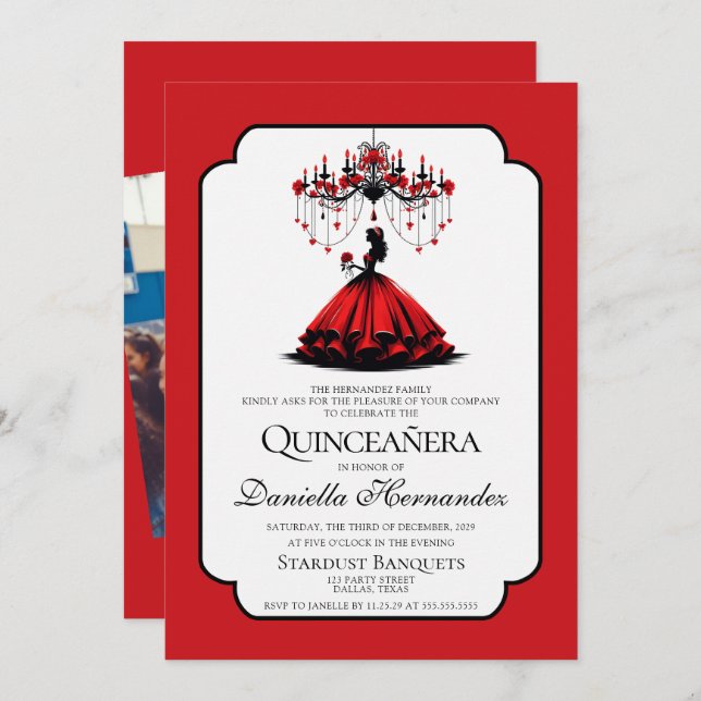 Invitation Quinceañera noir et rouge (Devant / Derrière)