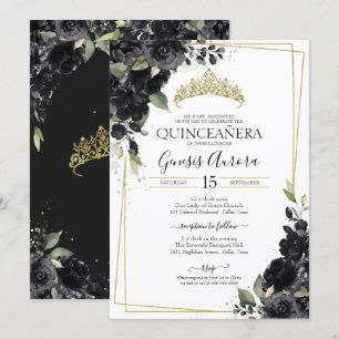 Invitation Quinceañera Noir & Or Elegant Aquarelle Floral