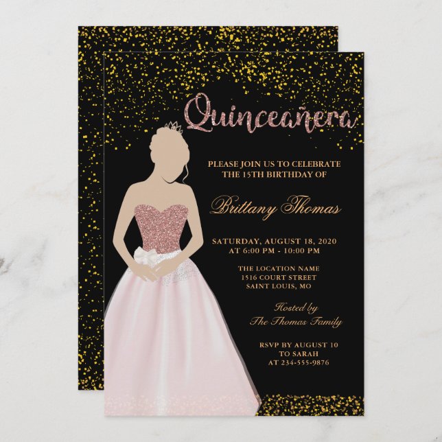 Invitation Quinceanera Noir & Or moderne 15e anniversaire (Devant / Derrière)