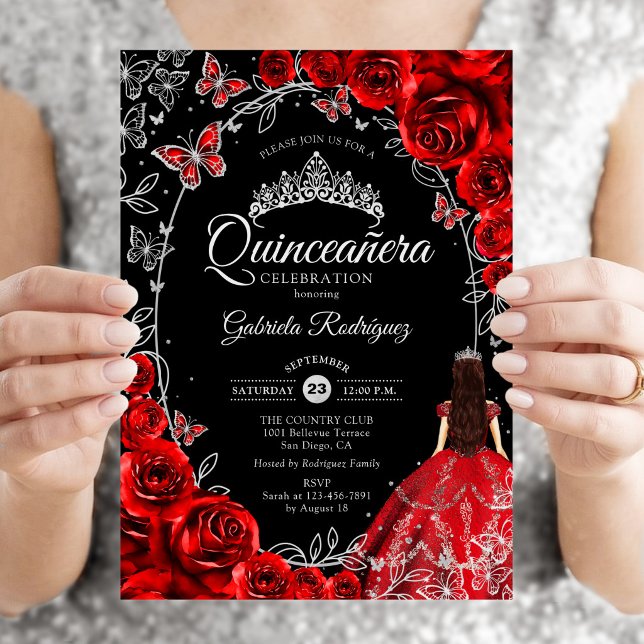 Invitation Quinceanera Noir Rouge Argent (Créateur téléchargé)