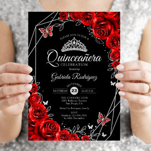 Invitation Quinceanera Noir Rouge Argent Floral