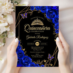 Invitation Quinceanera Noir Royal Bleu Or Floral