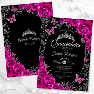 Invitation Quinceanera noire en argent rose Fuchsia