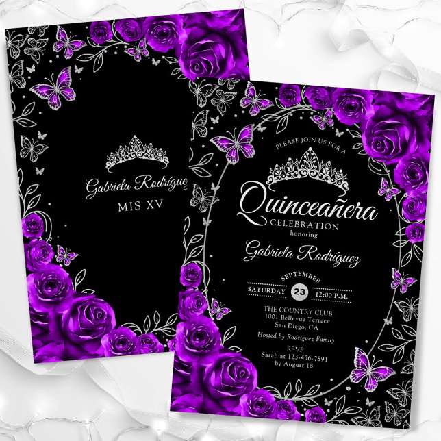 Invitation Quinceanera noire en argent violet (Créateur téléchargé)