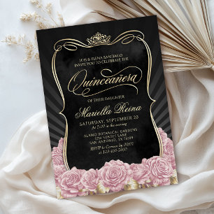 Invitation Quinceañera noire en or rose