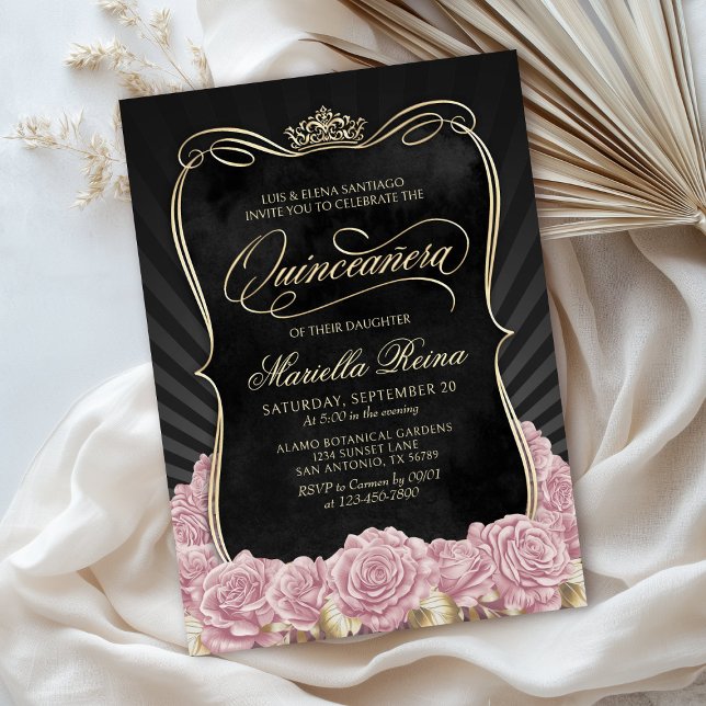 Invitation Quinceañera noire en or rose (Créateur téléchargé)