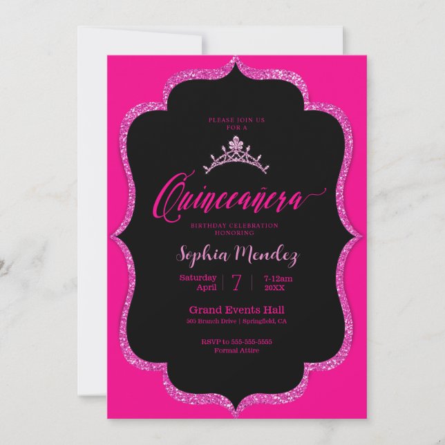 Invitation Quinceanera noire et rose (Devant)