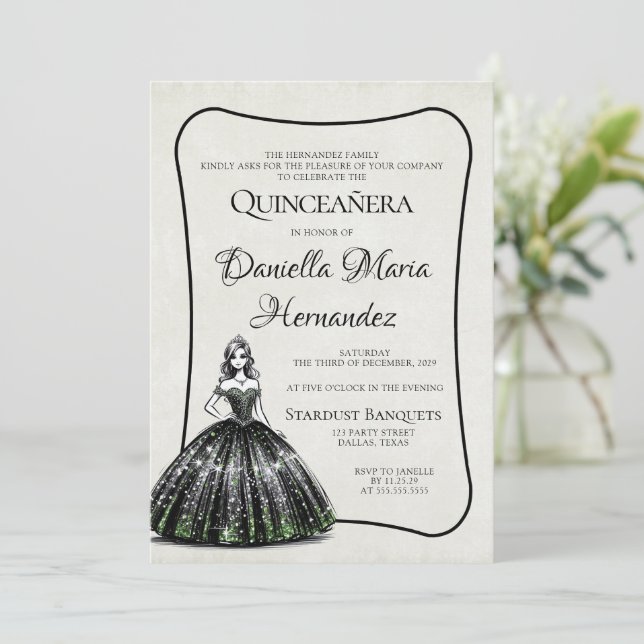 Invitation Quinceañera noire et verte (Debout devant)