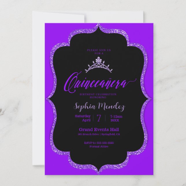 Invitation Quinceanera noire et violette (Devant)