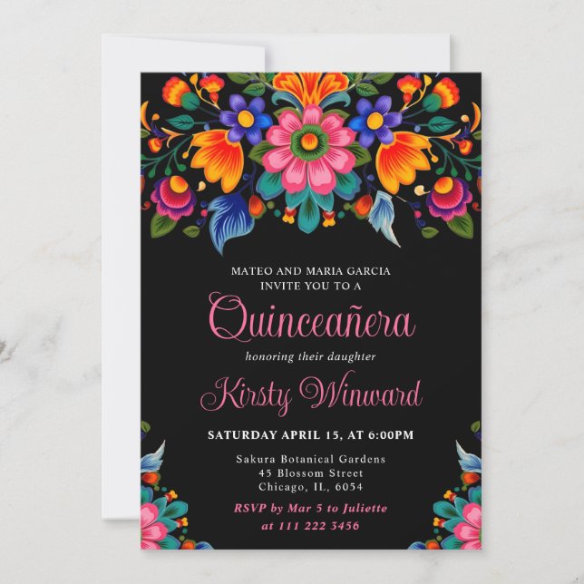 Invitation Quinceanera noire florale mexicaine (Devant)