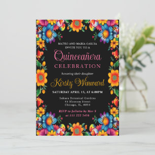 Invitation Quinceanera noire florale mexicaine