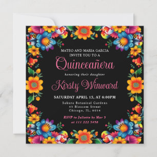 Invitation Quinceanera noire florale mexicaine