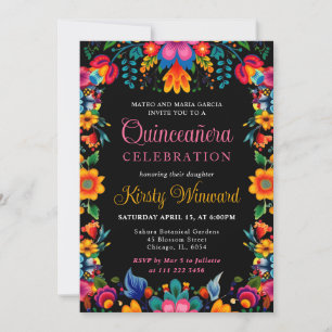 Invitation Quinceanera noire florale mexicaine