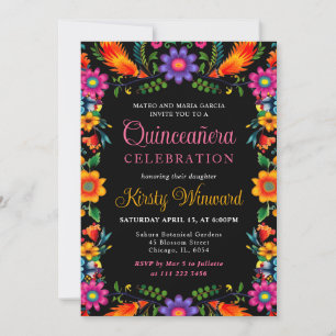 Invitation Quinceanera noire florale mexicaine