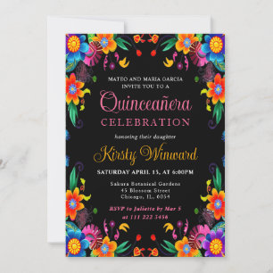 Invitation Quinceanera noire florale mexicaine