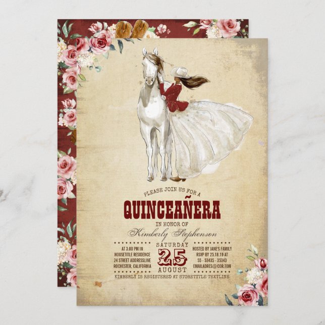 Invitation Quinceañera Occidentale de Bourgogne - 15e anniver (Devant / Derrière)