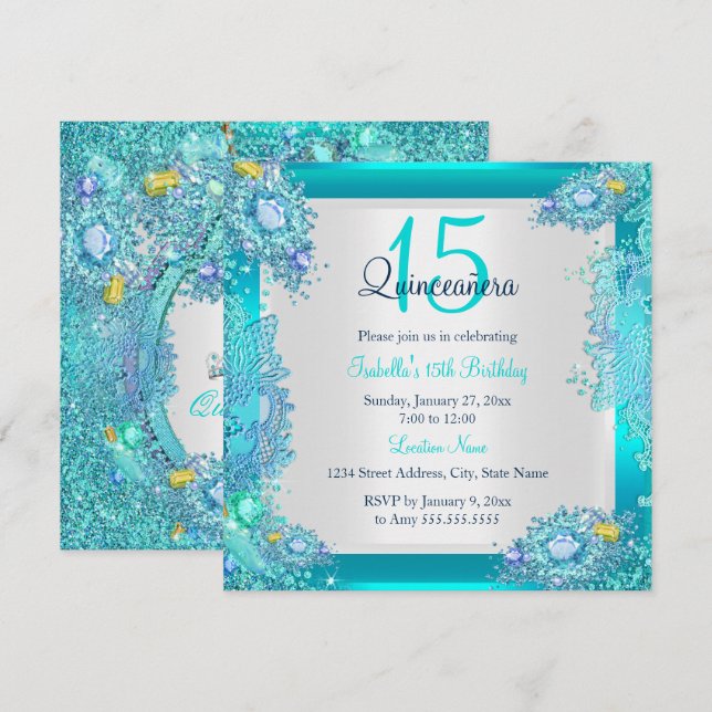 Invitation Quinceanera Océan Bleu turquoise 15e anniversaire (Devant / Derrière)